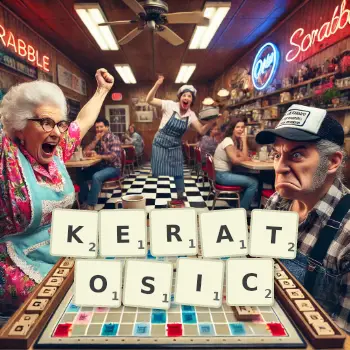 Creative illustration for a Scrabble game with the word KERATOSIC spelled out in tiles on the board.