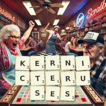 Creative illustration for a Scrabble game with the word KERNICTERUSES spelled out in tiles on the board.