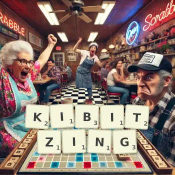 Creative illustration for a Scrabble game with the word KIBITZING spelled out in tiles on the board.