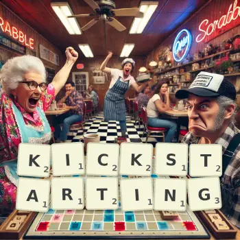 Creative illustration for a Scrabble game with the word KICKSTARTING spelled out in tiles on the board.