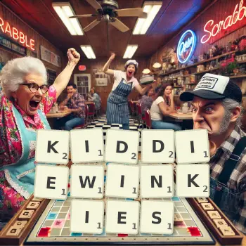Creative illustration for a Scrabble game with the word KIDDIEWINKIES spelled out in tiles on the board.