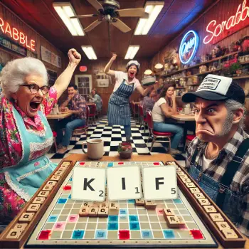 Creative illustration for a Scrabble game with the word KIF spelled out in tiles on the board.