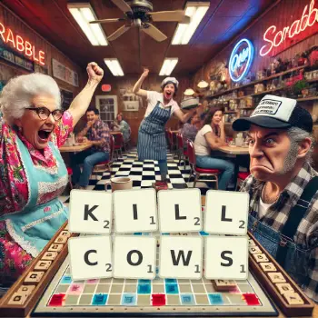 Creative illustration for a Scrabble game with the word KILLCOWS spelled out in tiles on the board.