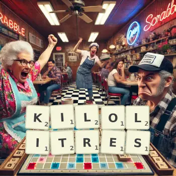 Creative illustration for a Scrabble game with the word KILOLITRES spelled out in tiles on the board.