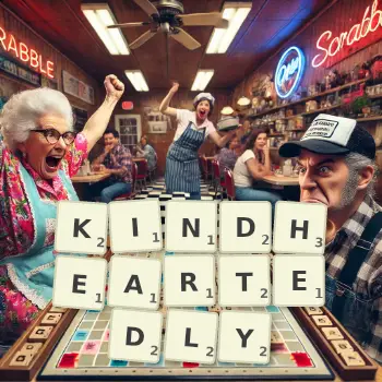 Creative illustration for a Scrabble game with the word KINDHEARTEDLY spelled out in tiles on the board.