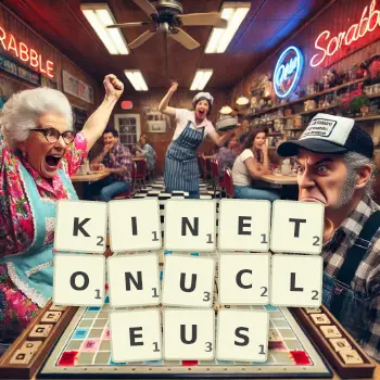 Creative illustration for a Scrabble game with the word KINETONUCLEUS spelled out in tiles on the board.