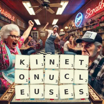 Creative illustration for a Scrabble game with the word KINETONUCLEUSES spelled out in tiles on the board.