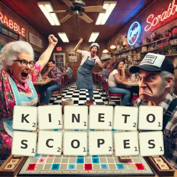 Creative illustration for a Scrabble game with the word KINETOSCOPES spelled out in tiles on the board.