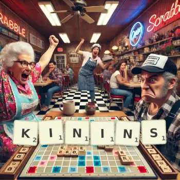Creative illustration for a Scrabble game with the word KININS spelled out in tiles on the board.