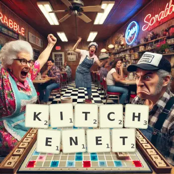 Creative illustration for a Scrabble game with the word KITCHENET spelled out in tiles on the board.