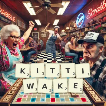 Creative illustration for a Scrabble game with the word KITTIWAKE spelled out in tiles on the board.