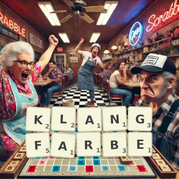 Creative illustration for a Scrabble game with the word KLANGFARBE spelled out in tiles on the board.