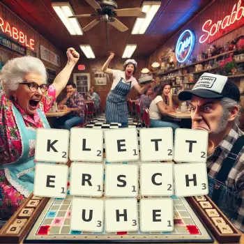 Creative illustration for a Scrabble game with the word KLETTERSCHUHE spelled out in tiles on the board.