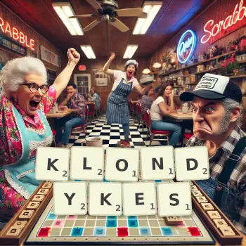 Creative illustration for a Scrabble game with the word KLONDYKES spelled out in tiles on the board.