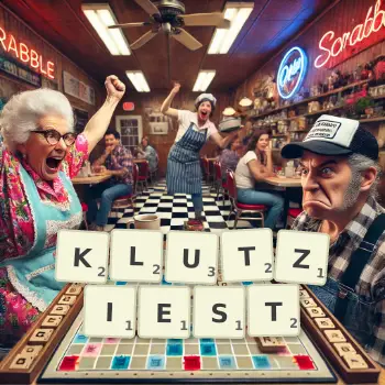 Creative illustration for a Scrabble game with the word KLUTZIEST spelled out in tiles on the board.