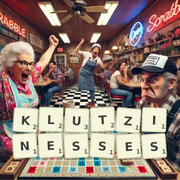 Creative illustration for a Scrabble game with the word KLUTZINESSES spelled out in tiles on the board.