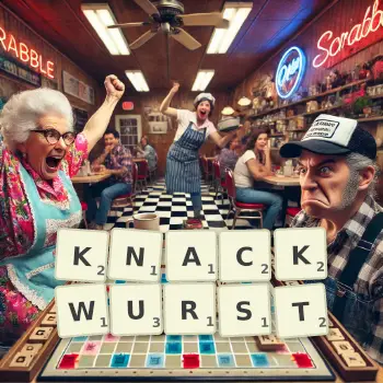 Creative illustration for a Scrabble game with the word KNACKWURST spelled out in tiles on the board.