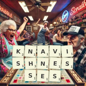Creative illustration for a Scrabble game with the word KNAVISHNESSES spelled out in tiles on the board.