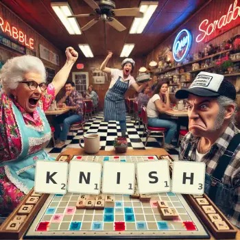 Creative illustration for a Scrabble game with the word KNISH spelled out in tiles on the board.
