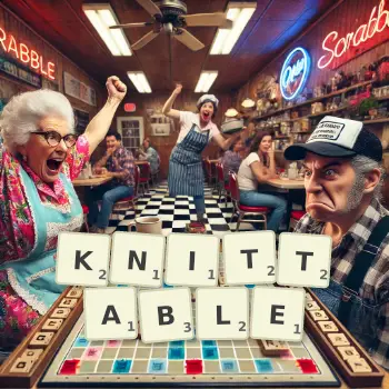 Creative illustration for a Scrabble game with the word KNITTABLE spelled out in tiles on the board.