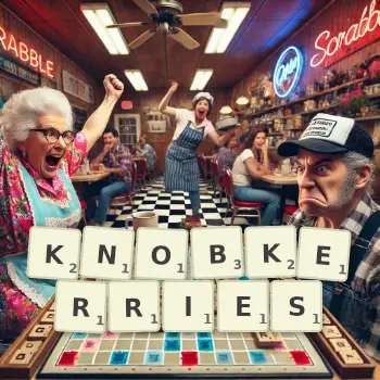 Creative illustration for a Scrabble game with the word KNOBKERRIES spelled out in tiles on the board.
