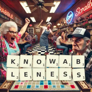 Creative illustration for a Scrabble game with the word KNOWABLENESS spelled out in tiles on the board.