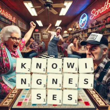 Creative illustration for a Scrabble game with the word KNOWINGNESSES spelled out in tiles on the board.