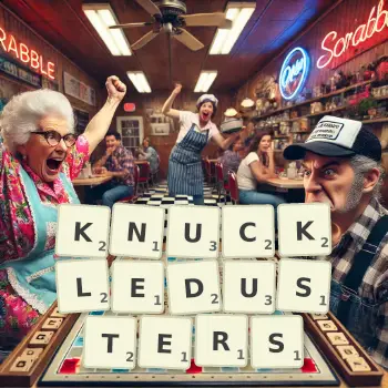 Creative illustration for a Scrabble game with the word KNUCKLEDUSTERS spelled out in tiles on the board.