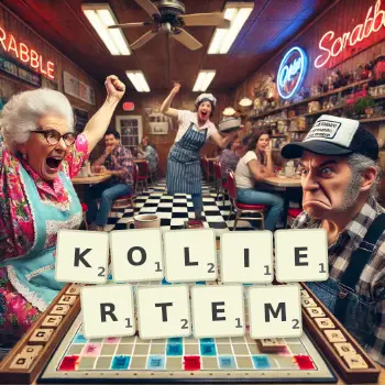 Creative illustration for a Scrabble game with the word KOLIERTEM spelled out in tiles on the board.