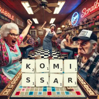 Creative illustration for a Scrabble game with the word KOMISSAR spelled out in tiles on the board.