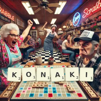 Creative illustration for a Scrabble game with the word KONAKI spelled out in tiles on the board.