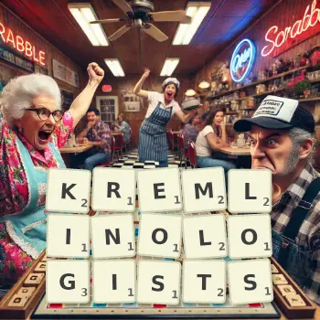 Creative illustration for a Scrabble game with the word KREMLINOLOGISTS spelled out in tiles on the board.