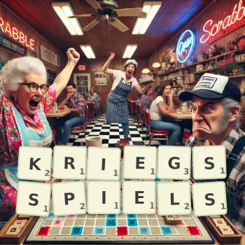 Creative illustration for a Scrabble game with the word KRIEGSSPIELS spelled out in tiles on the board.