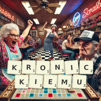 Creative illustration for a Scrabble game with the word KRONICKIEMU spelled out in tiles on the board.