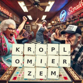 Creative illustration for a Scrabble game with the word KROPLOMIERZEM spelled out in tiles on the board.