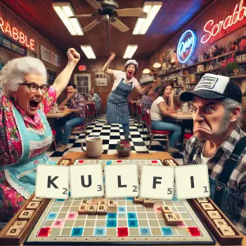 Creative illustration for a Scrabble game with the word KULFI spelled out in tiles on the board.