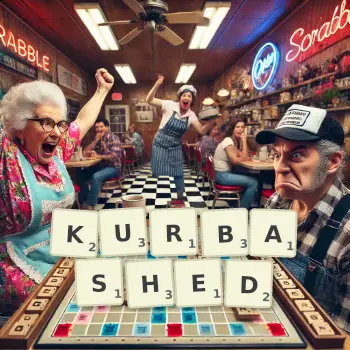 Creative illustration for a Scrabble game with the word KURBASHED spelled out in tiles on the board.