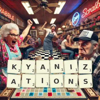 Creative illustration for a Scrabble game with the word KYANIZATIONS spelled out in tiles on the board.