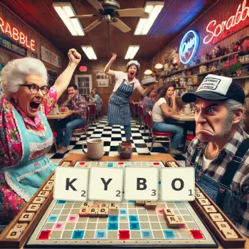 Creative illustration for a Scrabble game with the word KYBO spelled out in tiles on the board.