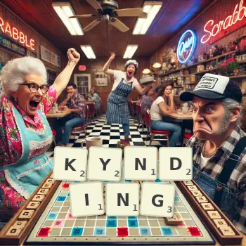 Creative illustration for a Scrabble game with the word KYNDING spelled out in tiles on the board.