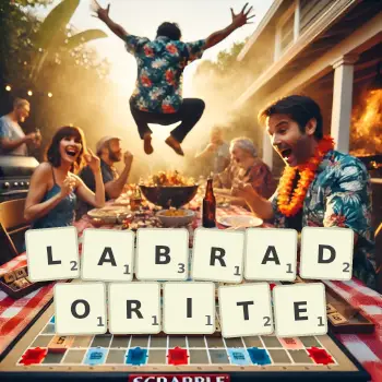 Creative illustration for a Scrabble game with the word LABRADORITE spelled out in tiles on the board.