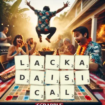 Creative illustration for a Scrabble game with the word LACKADAISICAL spelled out in tiles on the board.