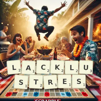 Creative illustration for a Scrabble game with the word LACKLUSTRES spelled out in tiles on the board.