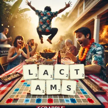 Creative illustration for a Scrabble game with the word LACTAMS spelled out in tiles on the board.