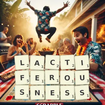 Creative illustration for a Scrabble game with the word LACTIFEROUSNESS spelled out in tiles on the board.
