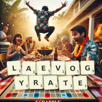 Creative illustration for a Scrabble game with the word LAEVOGYRATE spelled out in tiles on the board.
