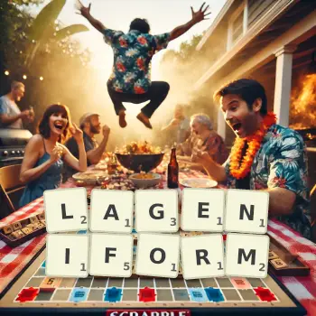 Creative illustration for a Scrabble game with the word LAGENIFORM spelled out in tiles on the board.
