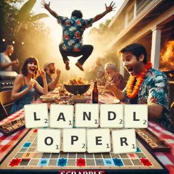 Creative illustration for a Scrabble game with the word LANDLOPER spelled out in tiles on the board.