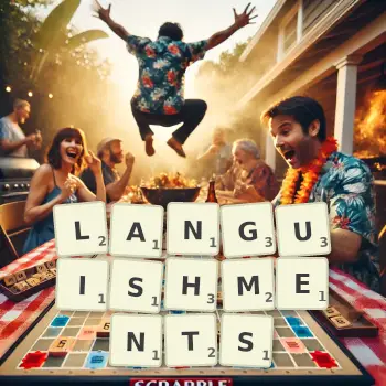 Creative illustration for a Scrabble game with the word LANGUISHMENTS spelled out in tiles on the board.
