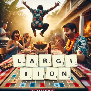 Creative illustration for a Scrabble game with the word LARGITION spelled out in tiles on the board.